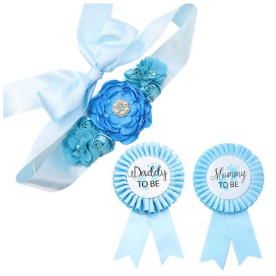 China 3PC Polyester Set Baby Shower Decoration for Boy and Girl Blue Pink Pregnancy Sash Mom Dad to Be Corsage and Flower Belly Sash for sale