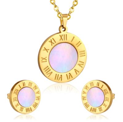 China Romantic Shell Roman Numerals Stylish Two Side Round 18K Gold Plated Necklace Dangle Earrings Shape Wedding Jewelry Sets for sale