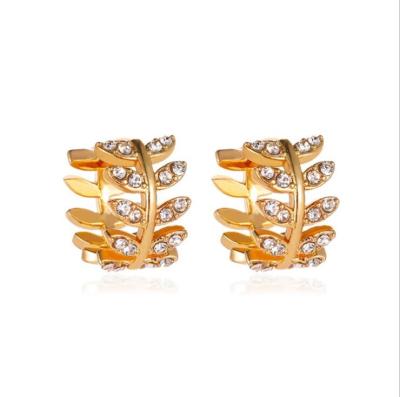 China TRENDY Leaves Shape Silver Gold Rhinestone Circle Earrings Lovers Circle Ear Ring Women Crystal Small Jewelry Gift for sale