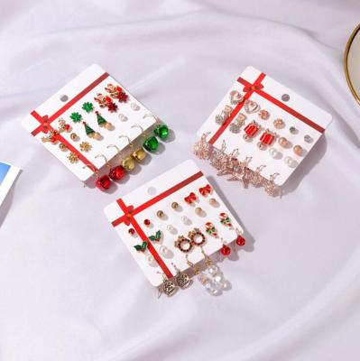 China New FASHIONABLE Christmas Tree Earrings Snowman Deer Bell Ear Studs Christmas Gift Party Jewelry 12 Pairs Set Combination for sale