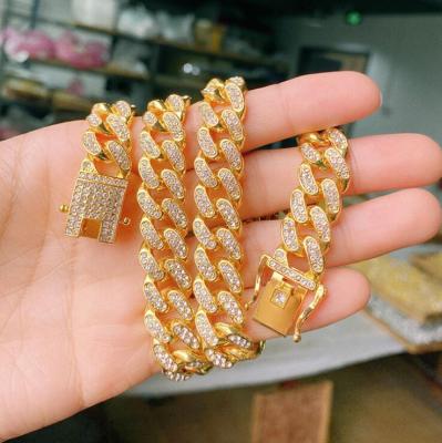 China CLASSIC 13mm Bling Miami Cuban Link Gold Chain Necklace Men's Rhinestone Finish Hip Hop Necklace Jewelry for sale