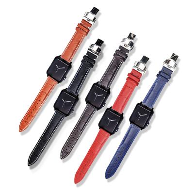 China Fashion Fashion Bamboo Embossed Genuine Top Calf Leather Watch Band Strap With Spherical Automatic Belt Butterfly Clasp for sale