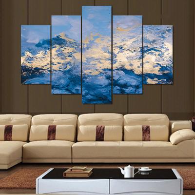 China Subtract 5 Panel Gold And Blue Cloud Wall Art Home Decor Cuadros Abstract Living Room Decorations Pictures And Posters For for sale