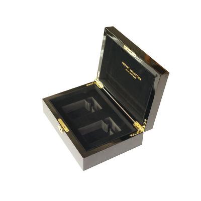 China Custom Logo 2 Box Luxury Black High Gloss Wooden Perfume Bottles Gift Perfume Packaging Box for sale