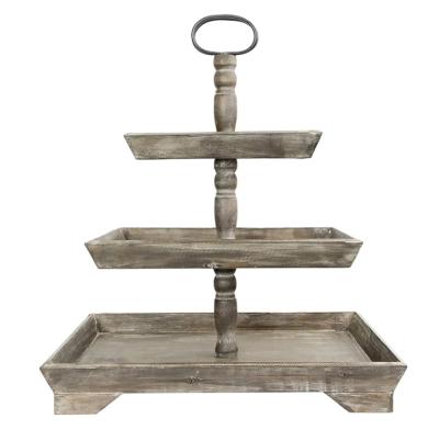 China Eco-friendly Antique Cake Dessert Factory Wooden Tray Stand 2 Tiers With Metal Handle Wood Serving Tray for sale