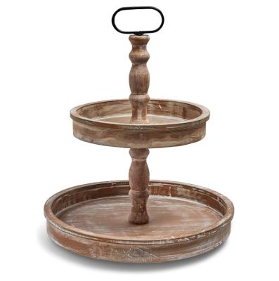 China Eco-friendly Antique Cake Dessert Factory Wooden Tray Stand 2 Tiers With Metal Handle Wood Serving Tray for sale