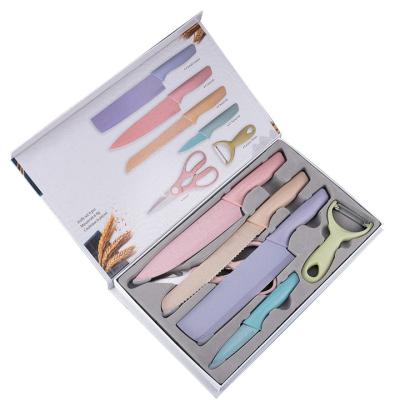 China Promotional Viable Most Popular Non Stick 6PCS Blade Stainless Steel Colorful Kitchen Knives With Wheat Straw Handle Gift Box for sale