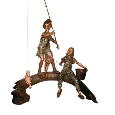 China Europe Hot Selling Bronze Garden Statue Girl And Boy Fishing Children Bronze Statue for sale