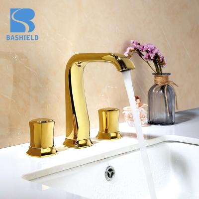 China Brass Metered Faucets Bathroom Basin Faucet Gold Discount Vanity Faucets 3 Hole for sale