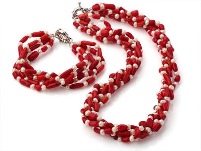 China High quality coral necklace and bracelet with pearls woman Jewelry set handmake China for sale