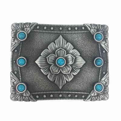 China Eco-Friend Antique Silver Blue Rhinestone Turquoise Square Fashion Metal Western Belt Buckle for sale