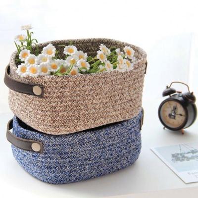 China Household Storage Basket Durable Cotton Woven Basket Staple Leather Handle Cotton Rope Finishing Nordic Stylish Storage Box for sale