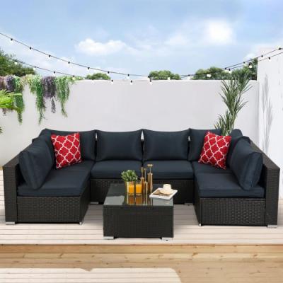 China COOLMORE Modern Outdoor Garden Patio Furniture 7-Piece PE Rattan Wicker Sectional Cushioned Sofa Sets With 2 Pillows And Coffee Tables for sale