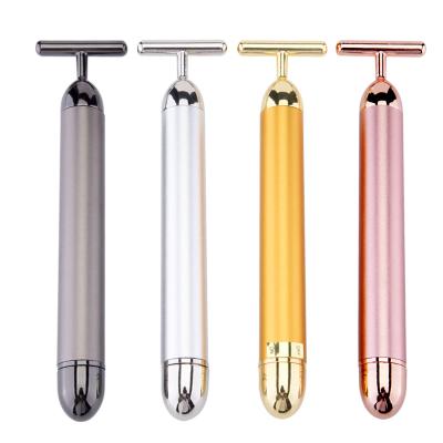 China Face Lift Personal Care Facial Roller T Shape 2 in 1 Gold Electric Energy Beauty Massager Vibrating Bar for sale