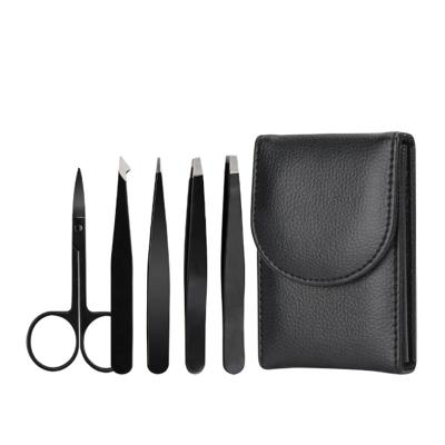 China Professional Volume Tweeezers 5pcs Eyebrow Tweezers Stainless Steel Makeup Eyebrow Tweezers Set With PU Bag for sale