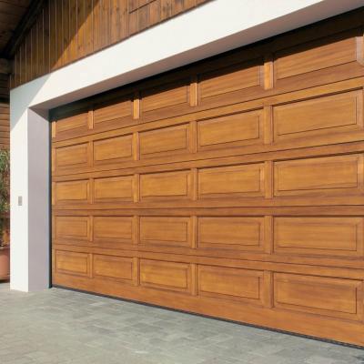 China Modern golden oak color finger-guard, high quality sectional automatic wooden color garage door for sale