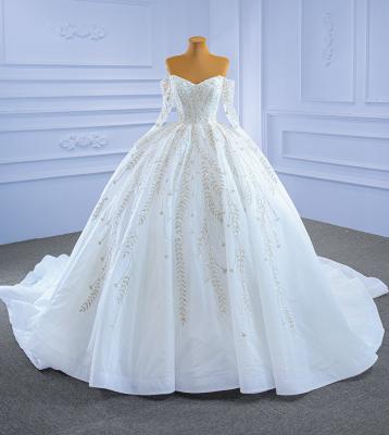 China Breathable Simple Shiny Korean Lace Backless One-Shoulder Wedding Dress With Long Sleeves And Tow Custom Made Small Wedd for sale