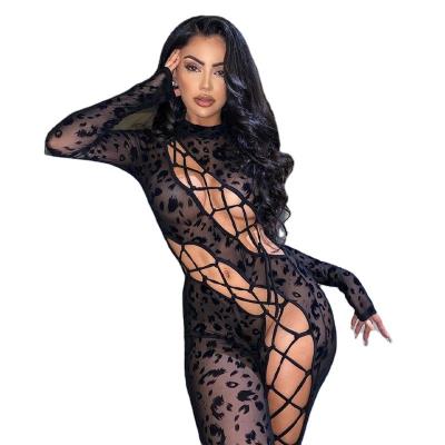 China 2022 New Breathable Women Long Sleeve Sexy Bandage Hollow See Through One Piece Print Mesh Backless Jumpsuit Women Overalls Leopard for sale