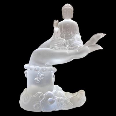 China Custom Handmade Decoration Liuli White Crystal Zen Buddha Hand Statue China OEM Sculpture for sale