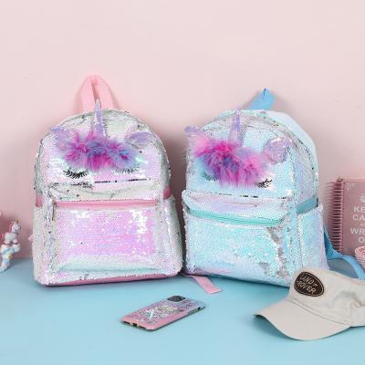 China New Design Glitter Sequin Unicorn Shaped Cartoon Sequin Backpack Light Pink Blue Reversible Bag Kids Girls for sale