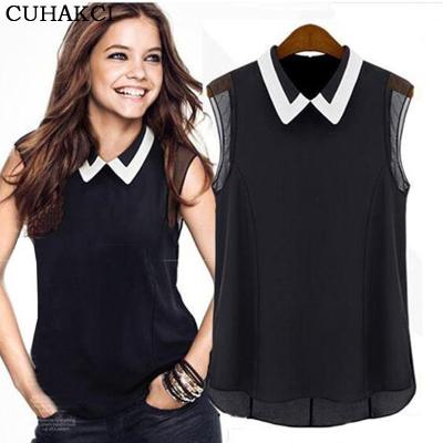 China Summer Chiffon Anti-pilling Tops New Women T-Shirts Turndown Collar Stitching Sleeveless T-shirt Plus Size for sale