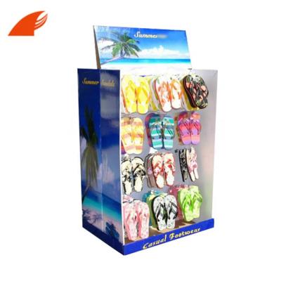 China Upgrade Artwork Customized Two Side Cardboard Hook Display Rack For Casual Summer Shoes/Slippers Promotion for sale