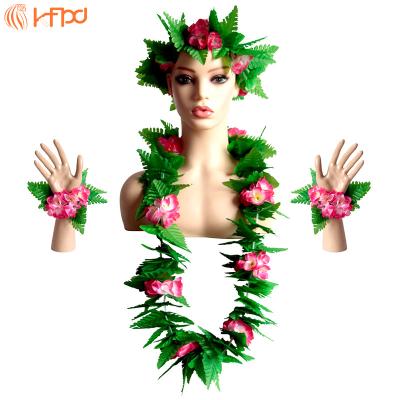 China Hawaiian Grass Skirt Kaifeng Party Green Leaf Flower Accessory Garland 4 Piece Hawaiian Grass Skirt Necklace Accessorized With Holiday Dress Headband Bracelet for sale