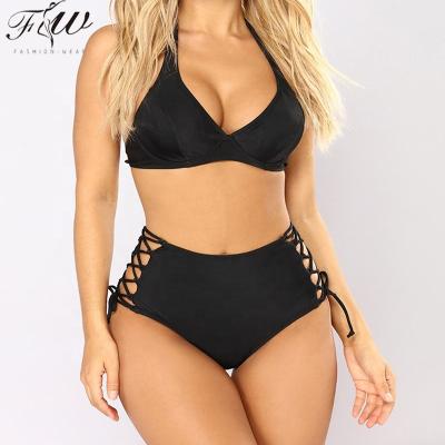 China Breathable Black Push Up Bandage Design Halter Bikini Swimwear Women Hollow Out High Waist Lady Swimwear for sale