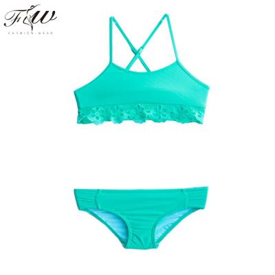 China Hot Sale 2 Pcs Anti-UV Beach Wear Plain OEM Polyester Spandex Girls Swimwear Children Kids Green Unti-UV Bikini For Child for sale