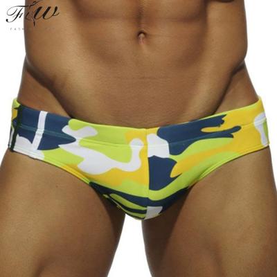 China Hot Selling Breathable Custom Low MOQ Label Stretch Drawstring Camouflage Mens Swim Briefs for sale