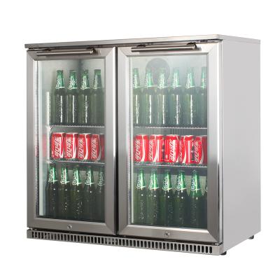 China Two Shelves Commercial Outdoor Kitchen Silver Chrome Stainless Steel Two Door Glass Front Display Fridge for sale