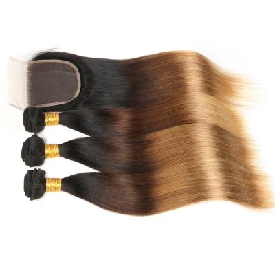 China Silky Straight Wave Ombre 3 Tone Color Brazilian Virgin Hair Silky Straight 1B/4/27 Bundles With Closure for sale