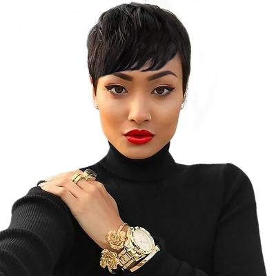 China Silky Straight Pixie Cut Machine Made Wigs Short Hair Wave Wigs For Black Women Ladies Short Straight Wigs 1B Black Color for sale