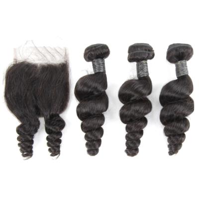 China Body Wave Cuticle Align Indian Spring Curl Loose Wave Bundles With Closure 100% Remy Human Hair 3 Bundles With 4*4 Lace Up Closure Free Piece for sale