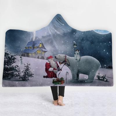 China PORTABLE Thick Warm Winter Christmas Holiday Hooded Blanket Coral Fleece Custom Print Dacron for sale