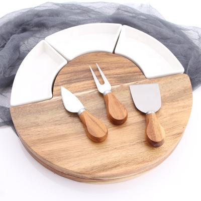 China Sustainable acacia wood cheese cutting board serving tray with knife set, perfect for meat and cheese board include ceramic bowls for sale