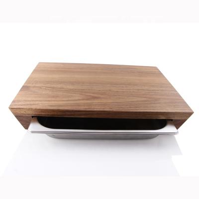 China Sustainable Bamboo Wooden Chopper With Sliding Stainless Steel Tray For Kitchen Cutting Vegetable Collection for sale