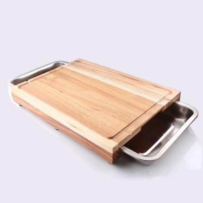 China Sustainable Wooden Cutting Board With Sliding Removable Tray For Kitchen Cutting Vegetable Stainless Steel for sale