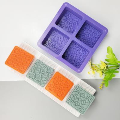 China Diy 4 Cavity Chocolate Flower Moon Cake Viable Silicone Mold Square Soap Silicone Mold for sale