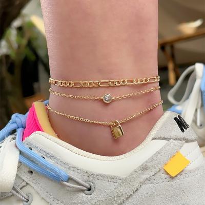 China New BOHEMIA Lock Crystal Chain Anklet For Women Trend Gold Foot Bracelet Multilayer Brass Anklets for sale