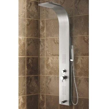 China Bodyless Slide Bar 304 Stainless Steel In Brush Nickel Finish Shower Panel Shower Column With Multifunction Chromed Brass Mixer And Spout for sale