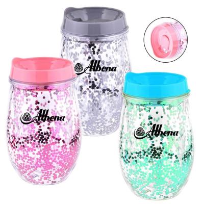 China Hot Sale Vivid Free Paillette Glitter Party Plastic Egg Shape Tumbler Cup 350ml Double BPA Free Eco-friendly Plastic Glitter Cup for sale