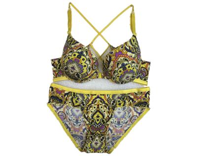 China QUICK DRY Women Bra And Panty Sets European classical flower print sexy color  nightclub backless cross belt underwear set for sale