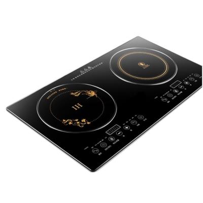 China Hotel Black Crystal Panel Touch Control Table Built-in Ceramic Induction Double Burner Cooker for sale