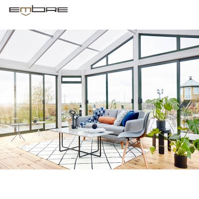 China Modern Aluminum Solarium Pentroof Flat Roof Herringbone Sunroom With Bi-Folding Door for sale