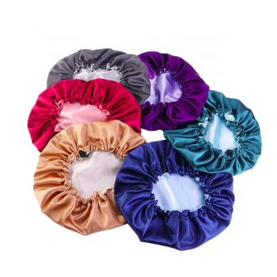 China Custom Made Adjustable Silk Velvet Satin Double Layer Fashion Large Double Layer Shower Hat Sleep Hair Cap Hoods Hats Women Bath Moq Stockings With Logo for sale