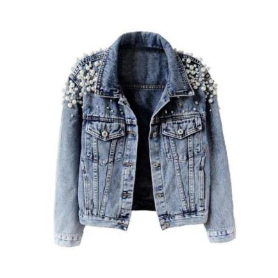 China Factory Waterproof Wholesale Women Bead Denim Jacket Beaded Jacket Autumn Short Style Wedding Denim Loose And Thin Spring Bead Supplier for sale