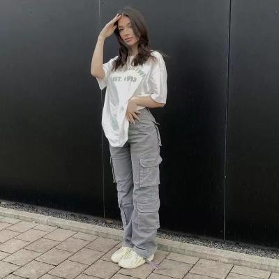 China QUICK DRY Fashion 90s Streetwear Pockets High Leg Wide Leg Y2k Straight Denim Pants Vintage Cargo Pants Loose Jeans Women for sale