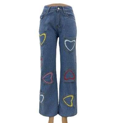 China New Fashion Breathable Casual Multi Pocket Heart Shaped Printed Low Waist Women's Straight Loose Lattice Rocket Denim Cargo Pants for sale