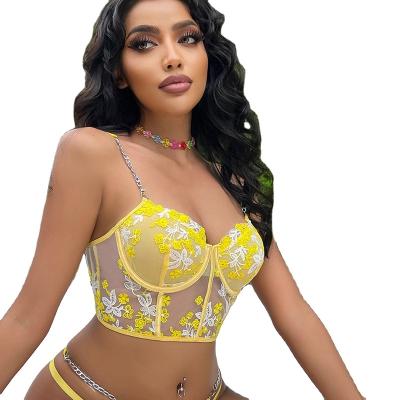 China 2022 seductive three-dimensional flower embroidery bandage three-dimensional fun suit heavy industry chainstitch lace sexy underwear suit fun new for sale